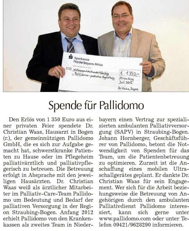 Artikel Straubinger Tagblatt, 24.07.2012, Spende für Pallidomo 